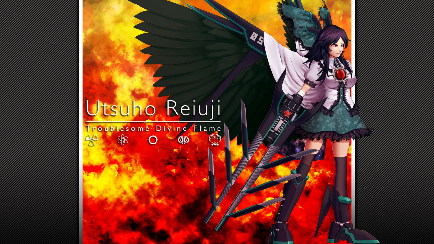 fire, kirisaki_akihito, red_eyes, reiuji_utsuho, thighhighs, touhou, weapon, wings