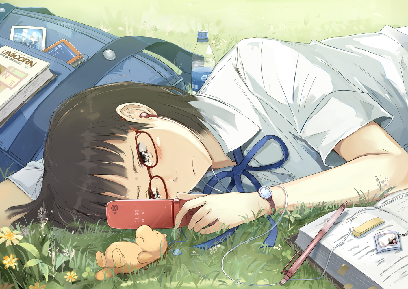 book, brown_eyes, brown_hair, glasses, moka._tapioka, original, phone, school_uniform