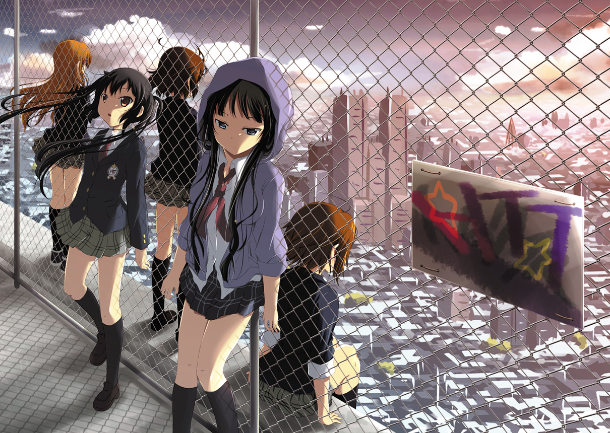 akiyama_mio, black_hair, blue_eyes, brown_eyes, brown_hair, building, city, hirasawa_yui, kneehighs, k-on!, kotobuki_tsumugi, nakano_azusa, nanashiwan, rooftop, school_uniform, sky, tainaka_ritsu