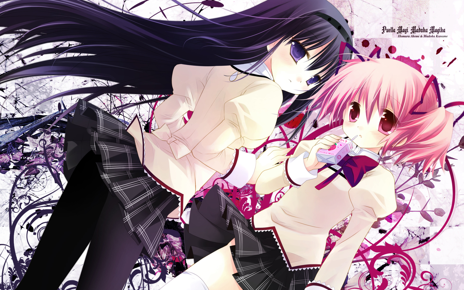2girls, akemi_homura, bow, drink, kaname_madoka, mahou_shoujo_madoka_magica, pantyhose, pink_hair