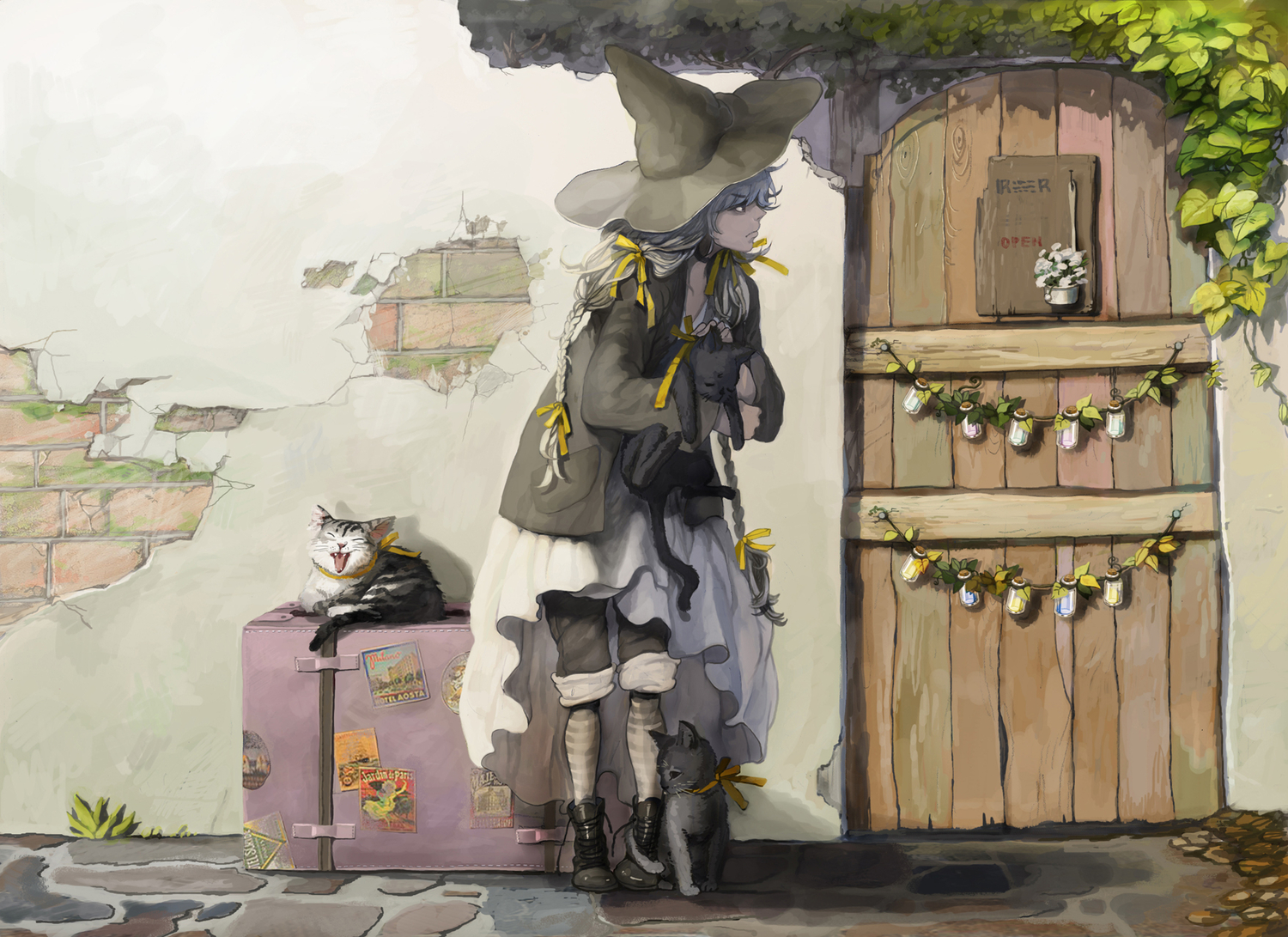 animal, cat, gray_hair, hat, hong_yun_ji, original, witch