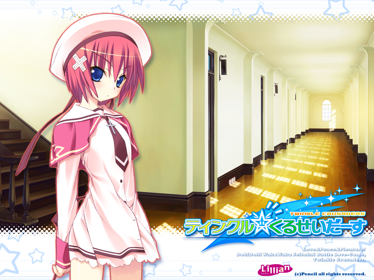 azel, blue_eyes, kannagi_rei, red_hair, school_uniform, short_hair, twinkle_crusaders