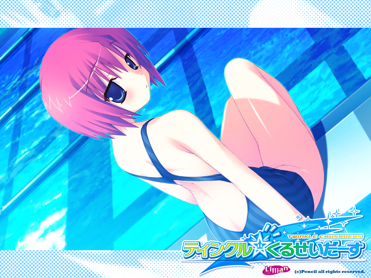 azel, blue_eyes, kannagi_rei, red_hair, short_hair, swimsuit, twinkle_crusaders