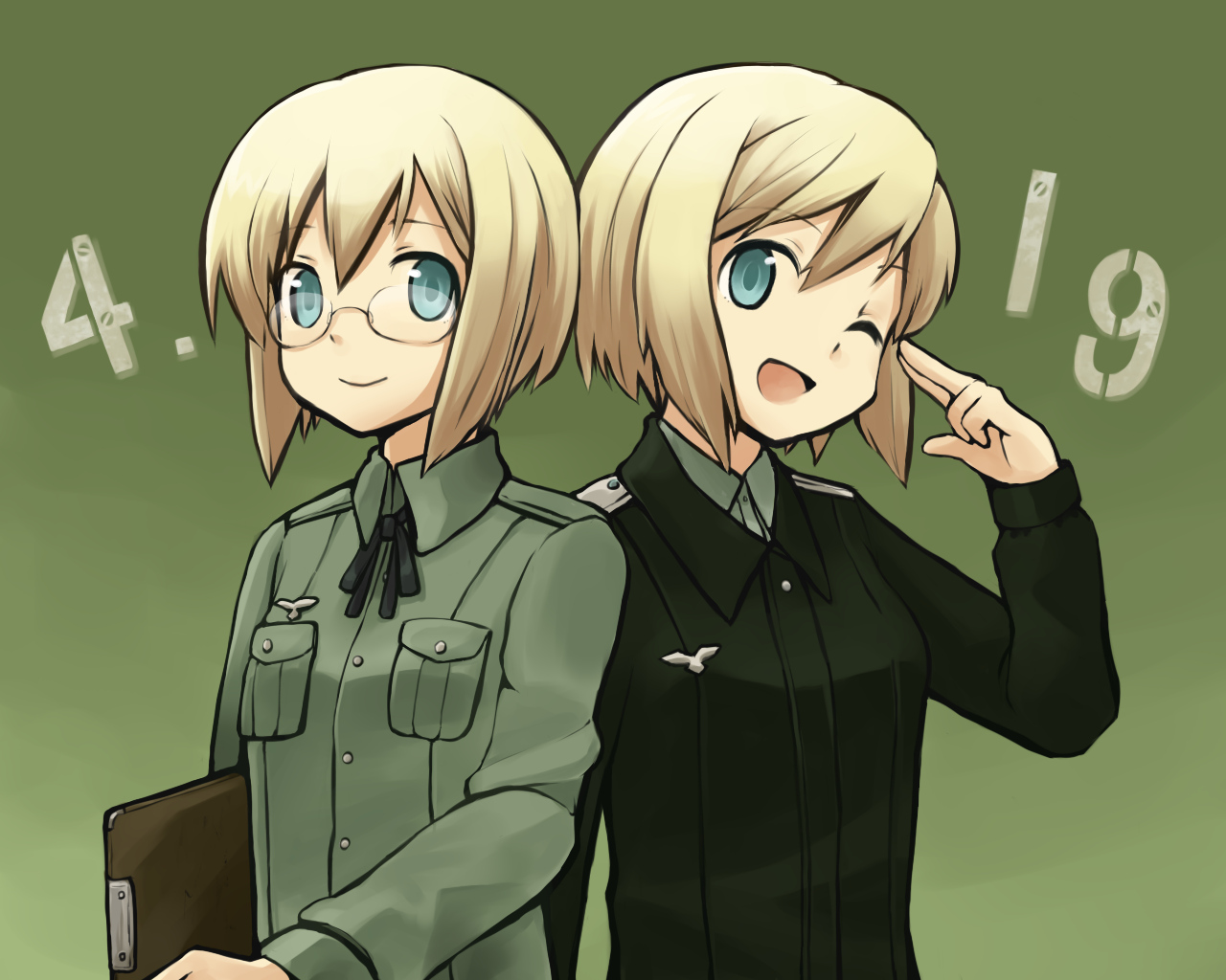 blonde_hair, erica_hartmann, green, kinosaki_(green_patio), strike_witches, uniform, ursula_hartmann, wink