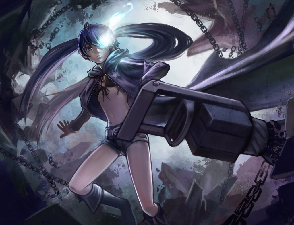 black_rock_shooter, chain, gun, kuroi_mato, long_hair, weapon, yukiusagi1983