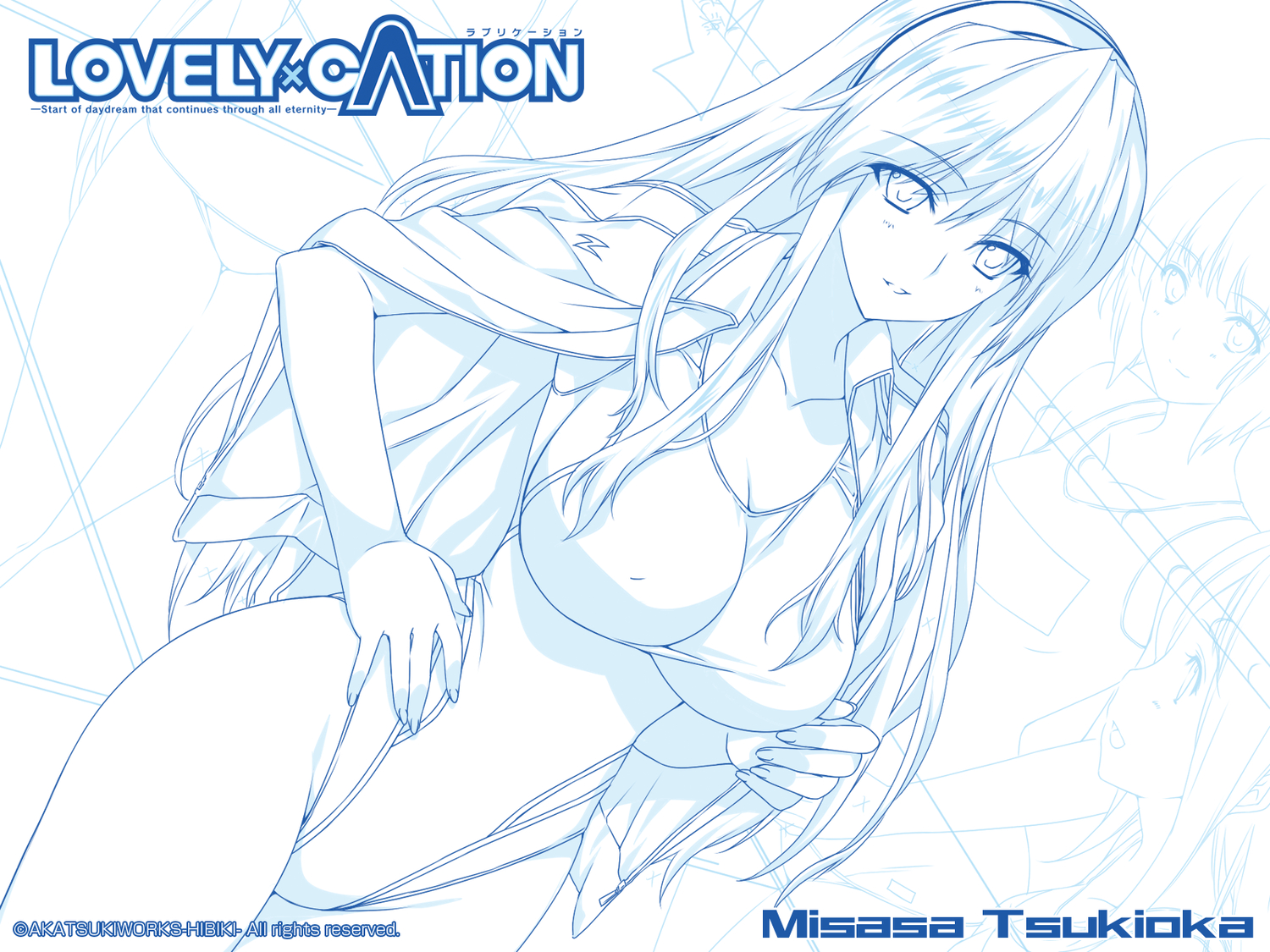 iizuki_tasuku, long_hair, lovely_x_cation, sketch, swimsuit, tsukioka_misasa