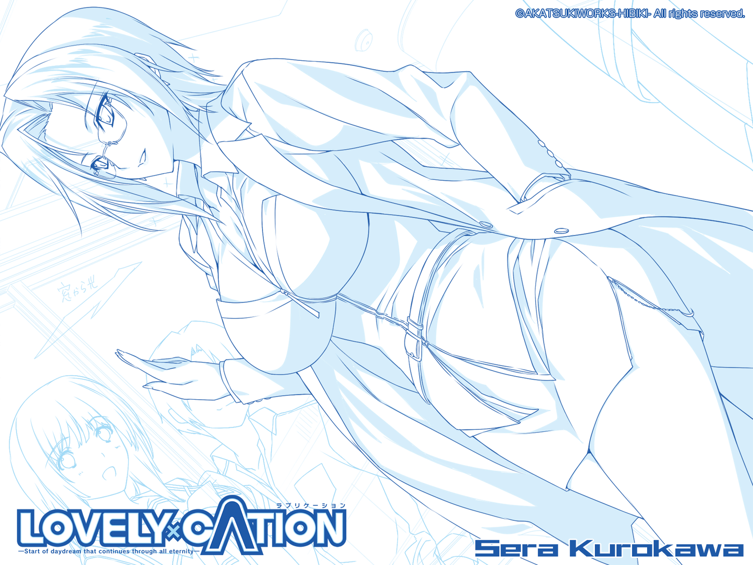 akatsuki-works, breasts, cleavage, glasses, iizuki_tasuku, kurokawa_sera, lovely_x_cation, monochrome
