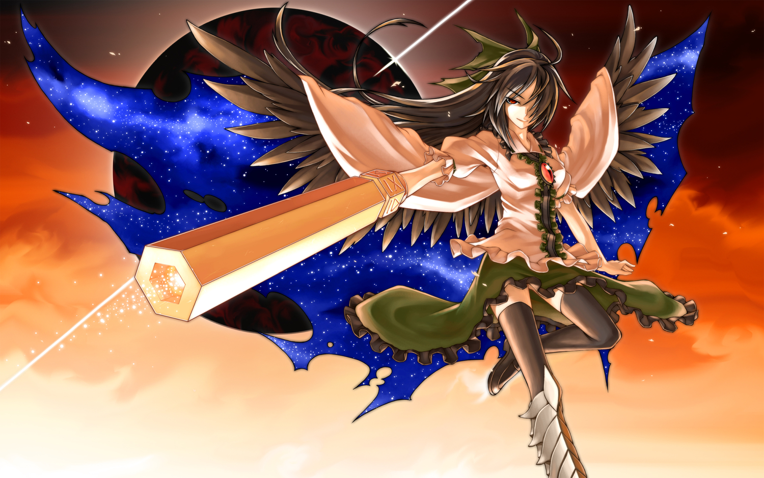 black_hair, bow, red_eyes, reiuji_utsuho, seihou, thighhighs, touhou, wings