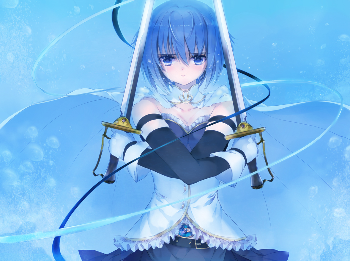 blue_eyes, blue_hair, cape, mahou_shoujo_madoka_magica, miki_sayaka, ni_(2shi), sword, tears, weapon
