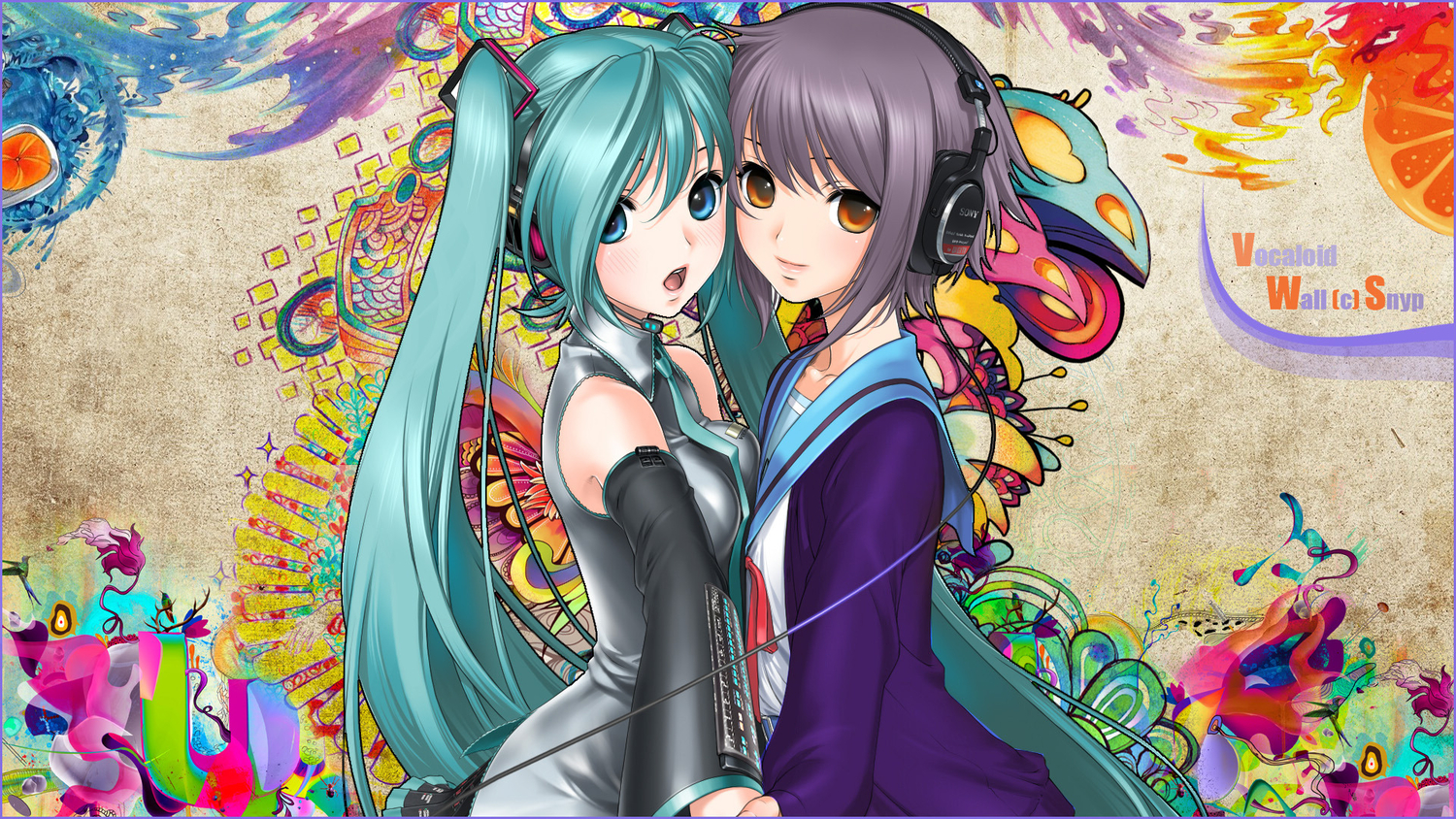 2girls, aqua_hair, blue_eyes, crossover, hatsune_miku, headphones, long_hair, nagato_yuki