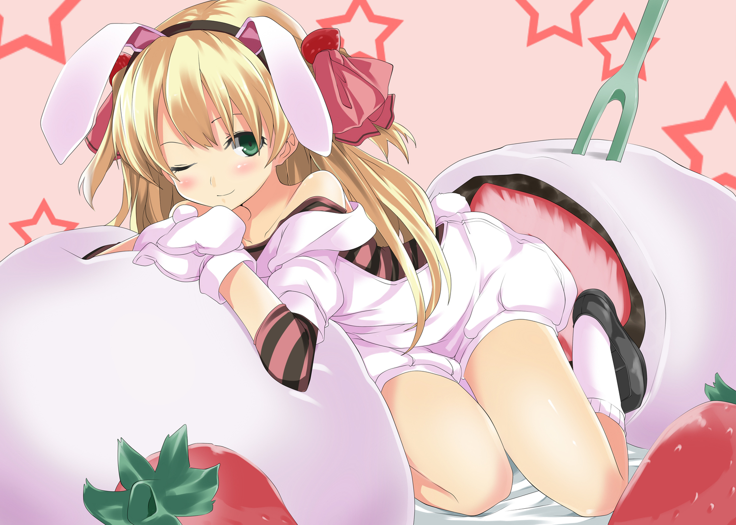 animal_ears, blonde_hair, bunny_ears, bunnygirl, food, fruit, gintarou_(kurousagi108), green_eyes