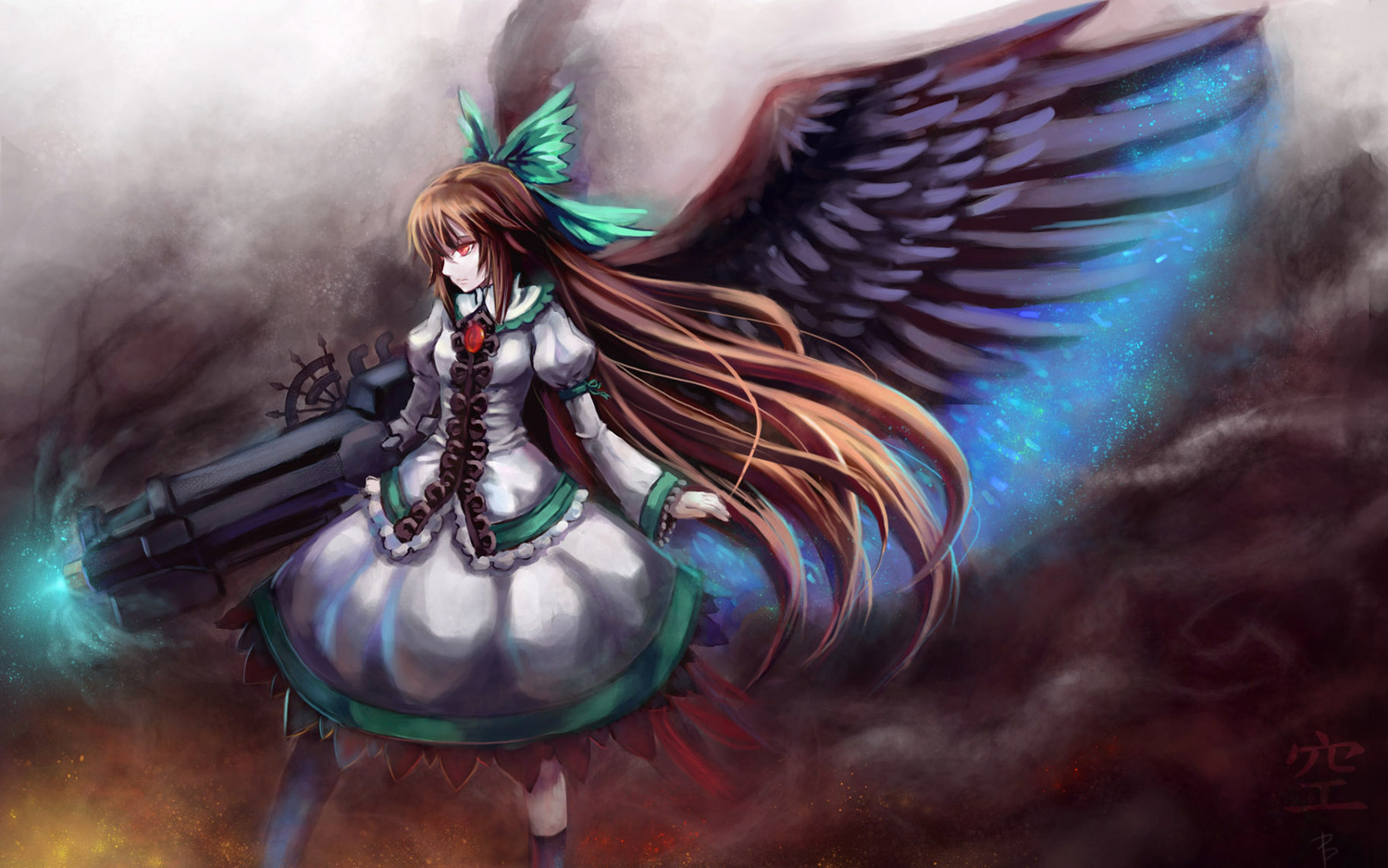 bow, brown_hair, bryanth, cape, long_hair, red_eyes, reiuji_utsuho, touhou