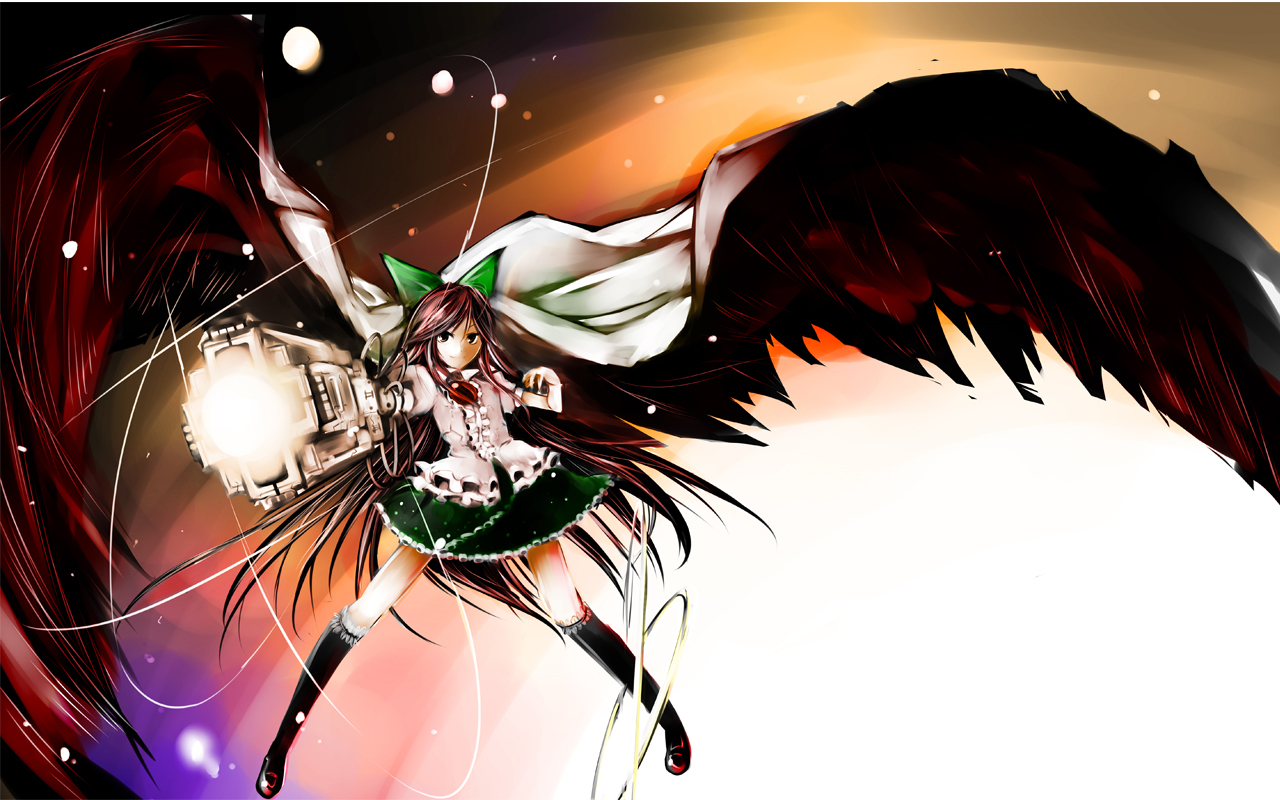 black_hair, bow, cape, kneehighs, long_hair, mr.milk_caramel, red_eyes, reiuji_utsuho, touhou, weapon, wings