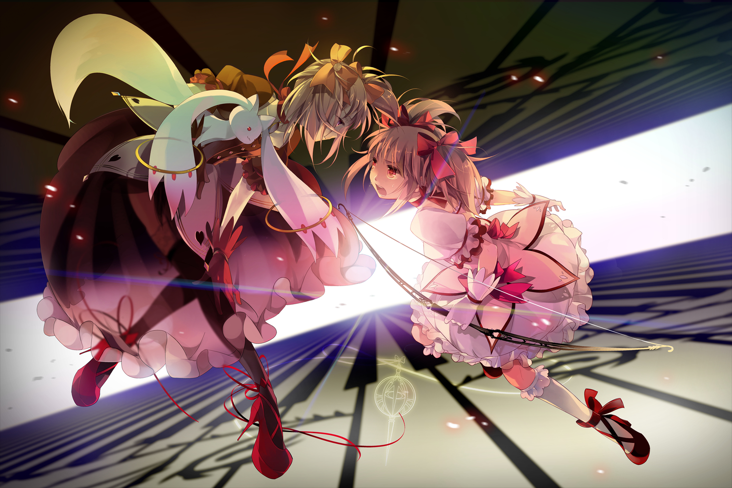 2girls, bow, bow_(weapon), dress, kaname_madoka, kyuubee, mahou_shoujo_madoka_magica, pink_hair, rem_(artist), tears, twintails, weapon
