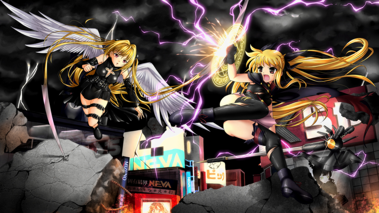 black_rock_shooter, blonde_hair, crossover, fate_testarossa, golden_darkness, kuroi_mato, mahou_shoujo_lyrical_nanoha, mahou_shoujo_lyrical_nanoha_the_movie_1st