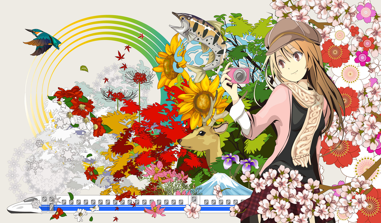 animal, bird, brown_eyes, brown_hair, camera, fish, flowers, hat, original, rainbow, sakisato_kiriko, scarf, skirt, train