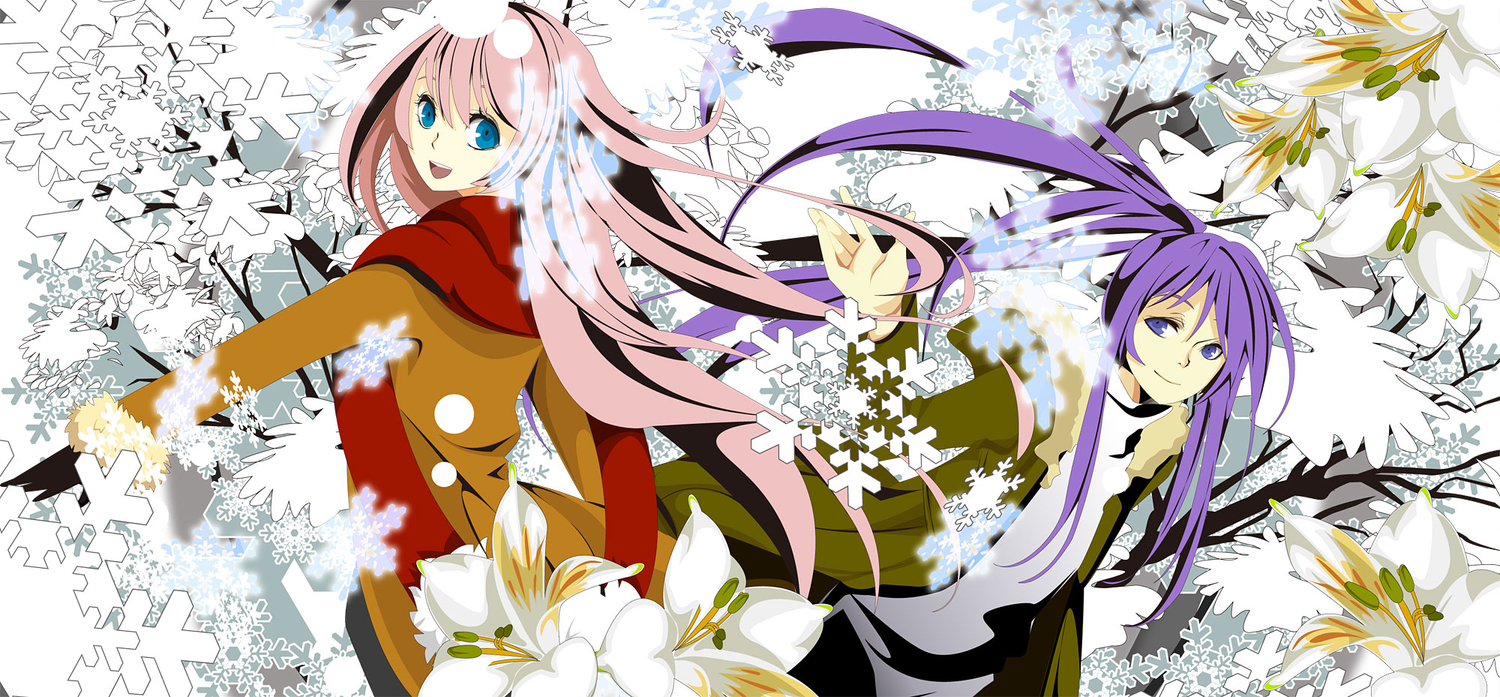 blue_eyes, flowers, jpeg_artifacts, kamui_gakupo, male, megurine_luka, pink_hair, purple_eyes