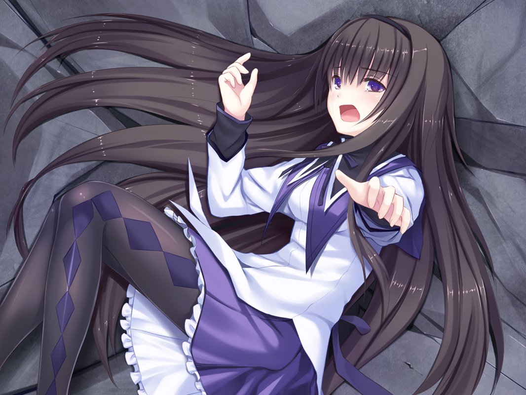 akemi_homura, long_hair, mahou_shoujo_madoka_magica, pantyhose, purple_eyes, skirt, soumi_shizuru