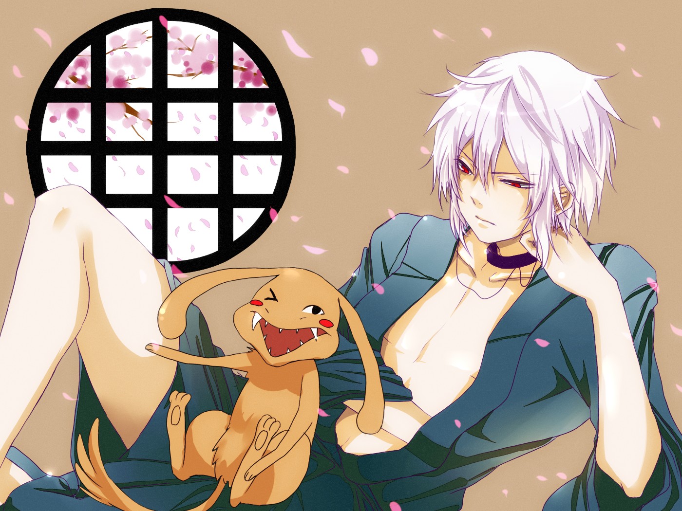 accelerator, animal, choker, crossover, dog, fang, mamezou_(otome_youkai_zakuro), open_shirt