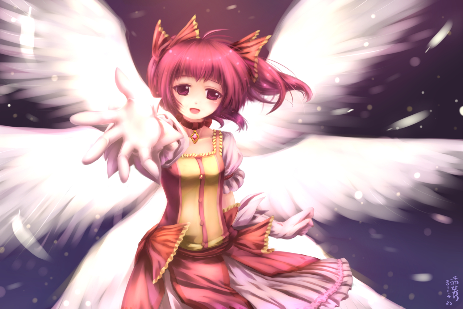 dress, feathers, kaname_madoka, mahou_shoujo_madoka_magica, red_eyes, red_hair, senba_hikari, wings