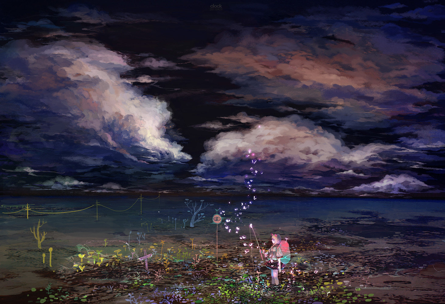 animal_ears, butterfly, catgirl, clouds, dark, original, sarnath, sky