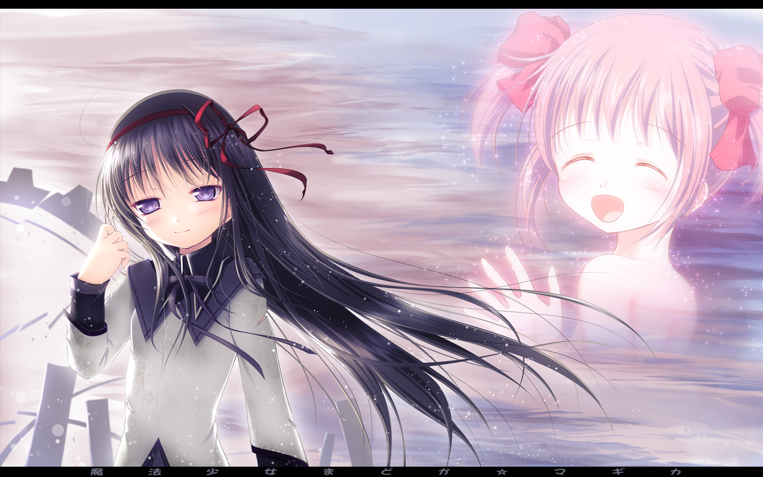 akemi_homura, kaname_madoka, mahou_shoujo_madoka_magica, pink_hair, purple_eyes, twintails, yuunagi_yuu