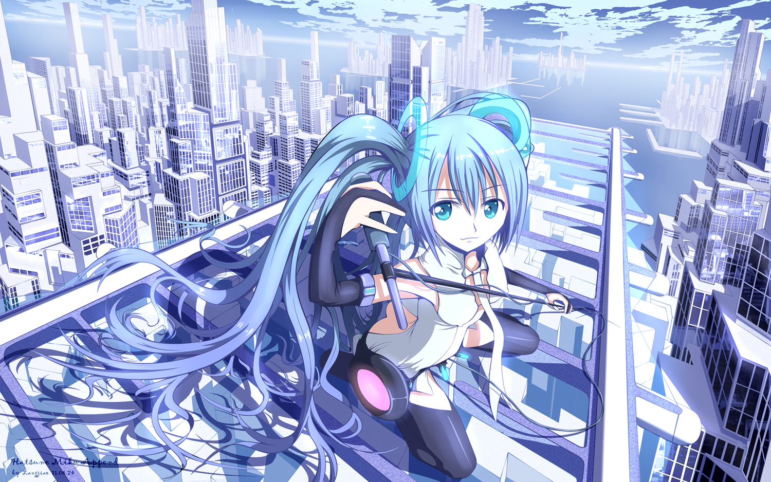 aqua_eyes, building, city, hatsune_miku, langjiao, long_hair, miku_append, twintails