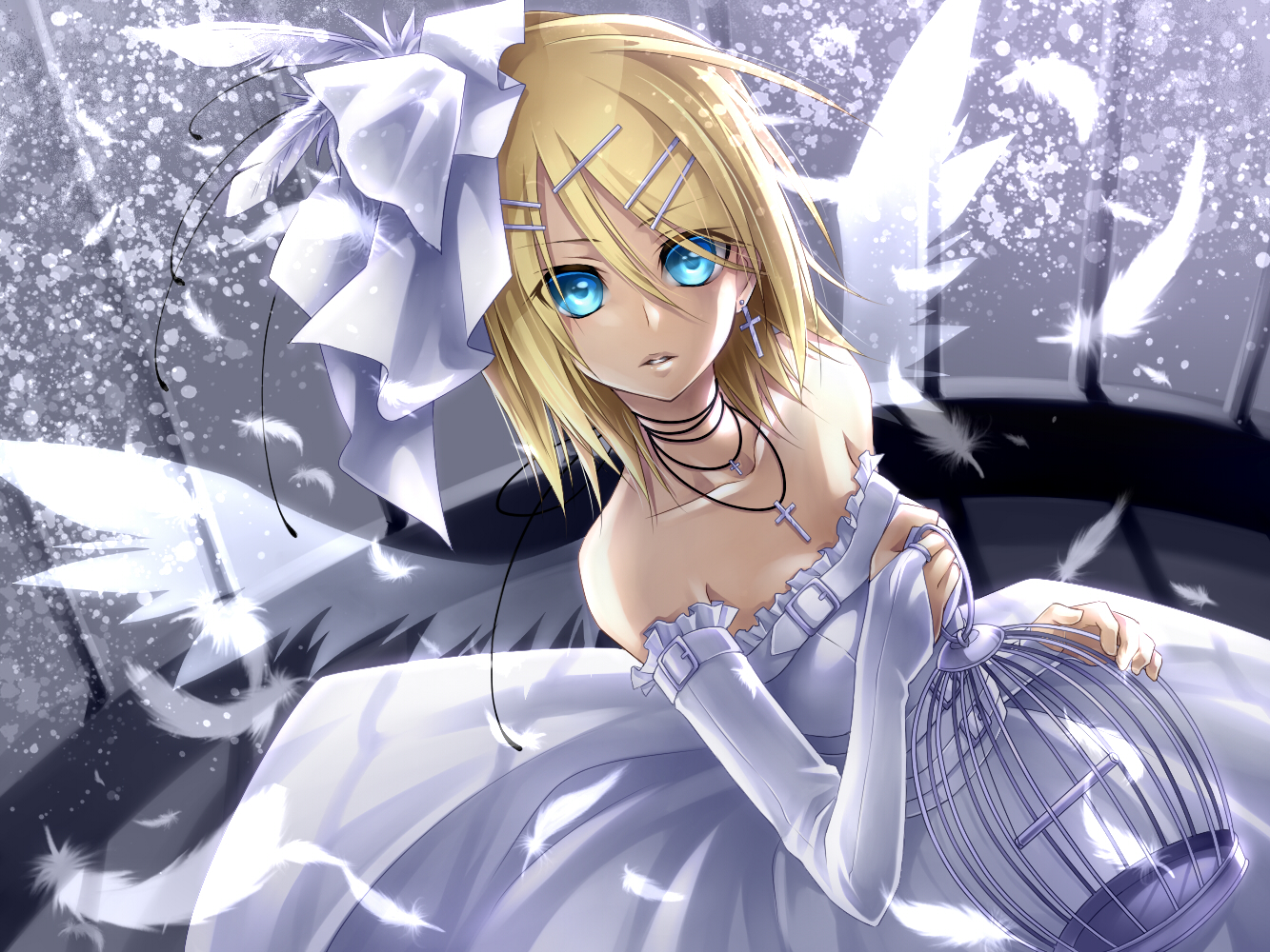 blonde_hair, blue_eyes, dress, feathers, kagamine_rin, necklace, ueno_tsuki, vocaloid