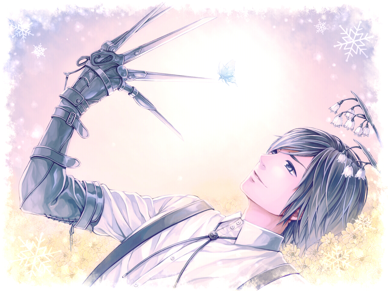 all_male, blue_hair, brown_hair, butterfly, elbow_gloves, flowers, gero, gloves, knife, male, nico_nico_singer, short_hair, snow, weapon