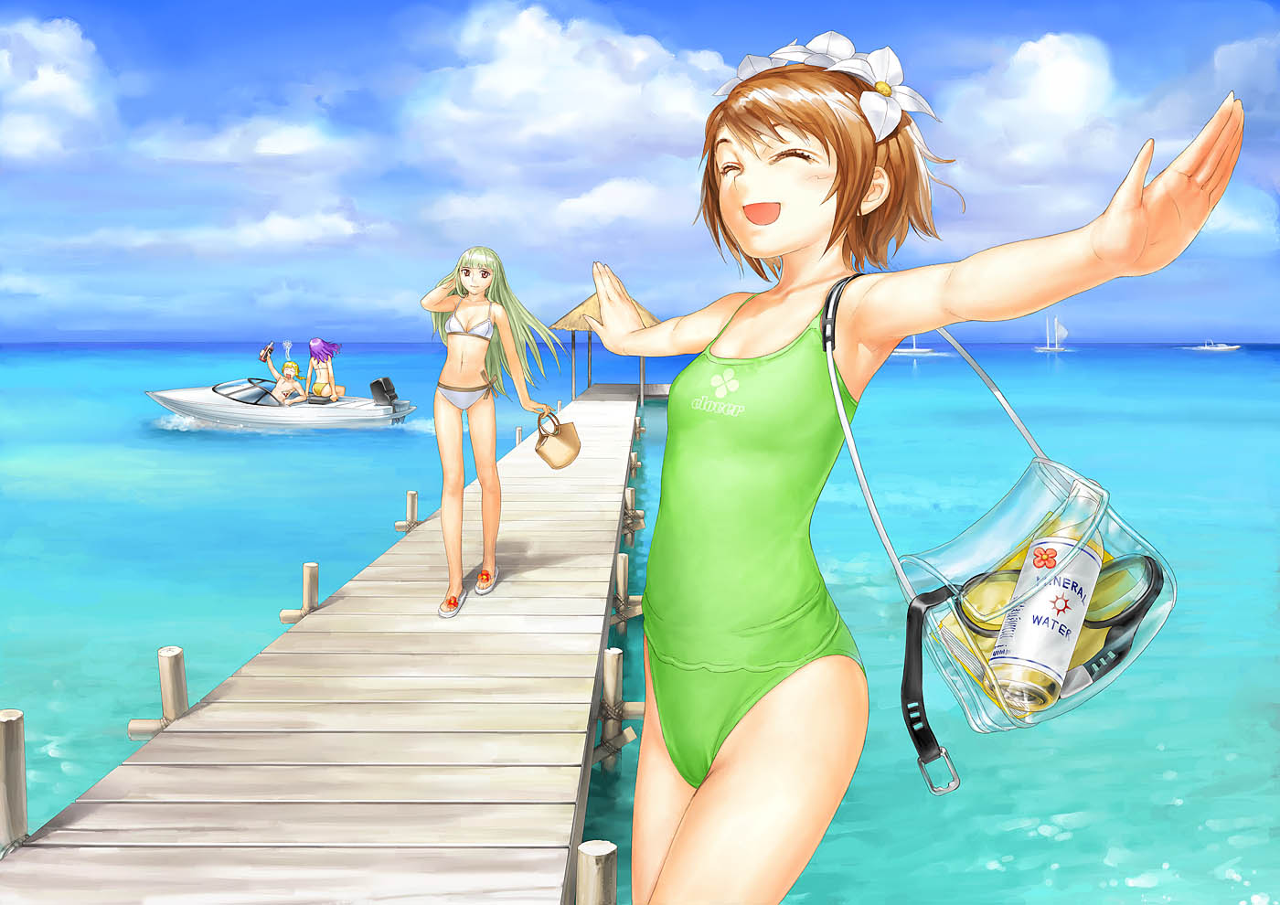 blonde_hair, blush, boat, brown_hair, clouds, flowers, garex, green_hair, long_hair, orange_eyes, purple_hair, ribbons, short_hair, sky, swimsuit, water