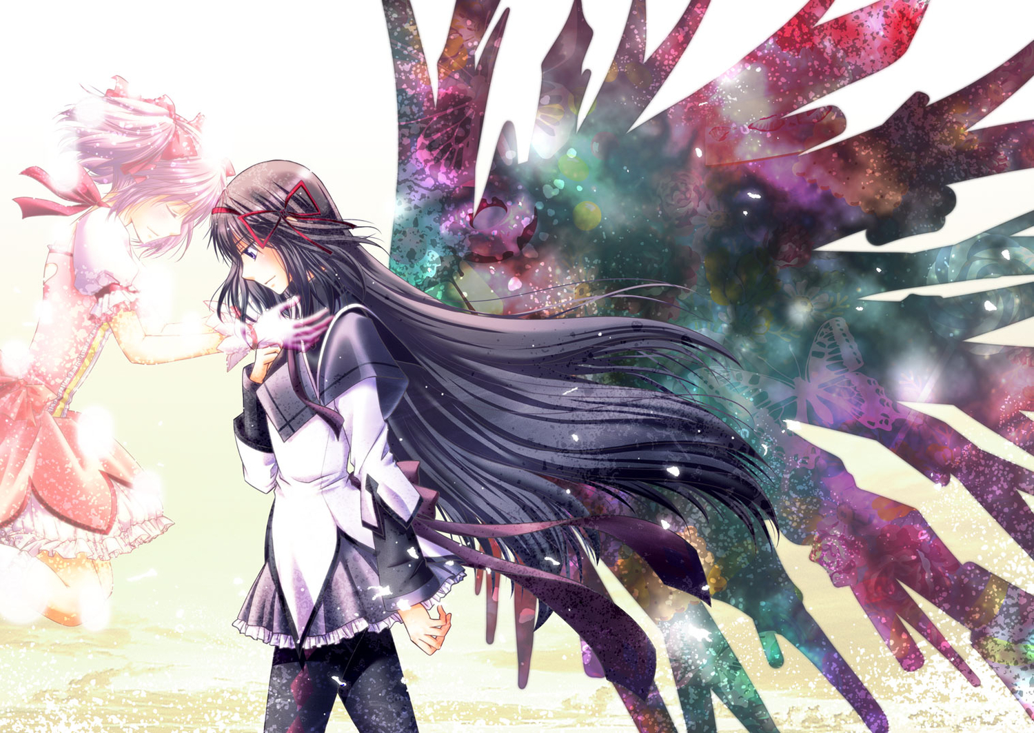 2girls, akemi_homura, butterfly, kaname_madoka, mahou_shoujo_madoka_magica, souka_senbei, wings