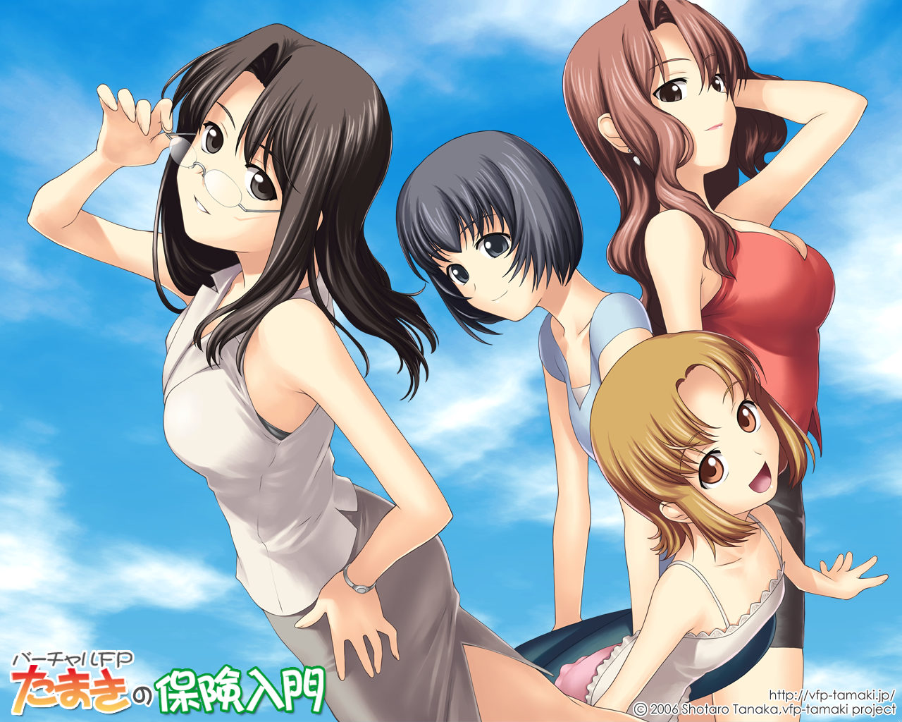 black_hair, blonde_hair, blue_eyes, breasts, brown_eyes, brown_hair, cleavage, clouds