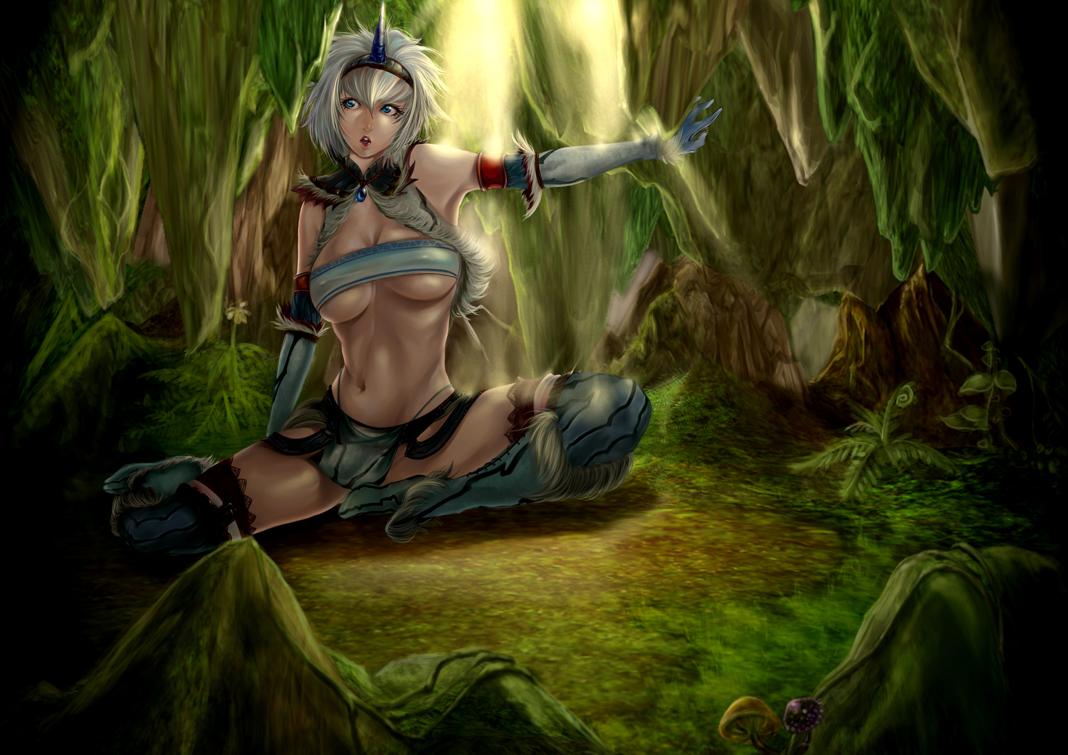 blue_eyes, breasts, cleavage, gloves, horns, jakuroi, kirin_(armor), monster_hunter, thighhighs, underboob, white_hair