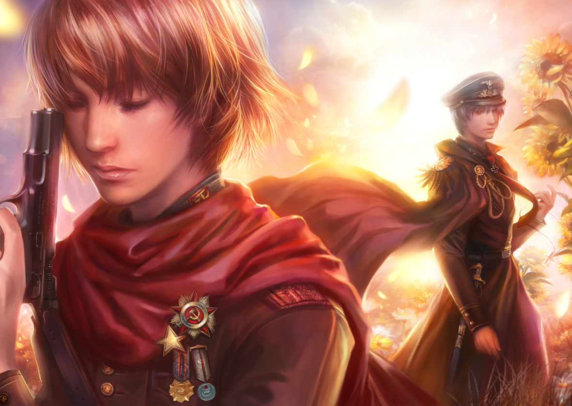 all_male, anthropomorphism, axis_powers_hetalia, flowers, gun, male, military, prussia_(hetalia)