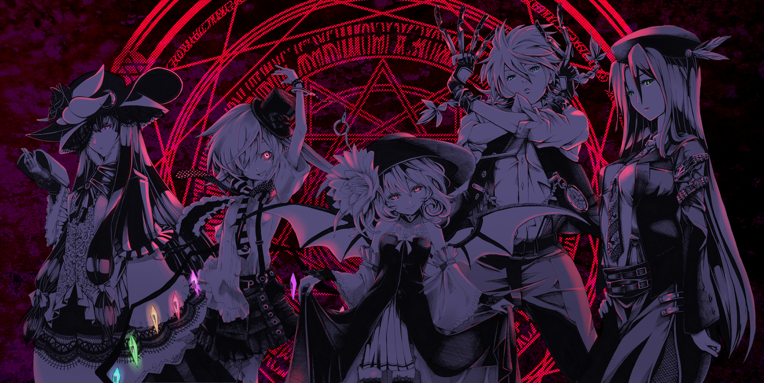 dress, flandre_scarlet, group, hat, hong_meiling, i-la, izayoi_sakuya, knife, long_hair, maid, patchouli_knowledge, red_eyes, remilia_scarlet, shackles, short_hair, touhou, vampire, weapon, wings