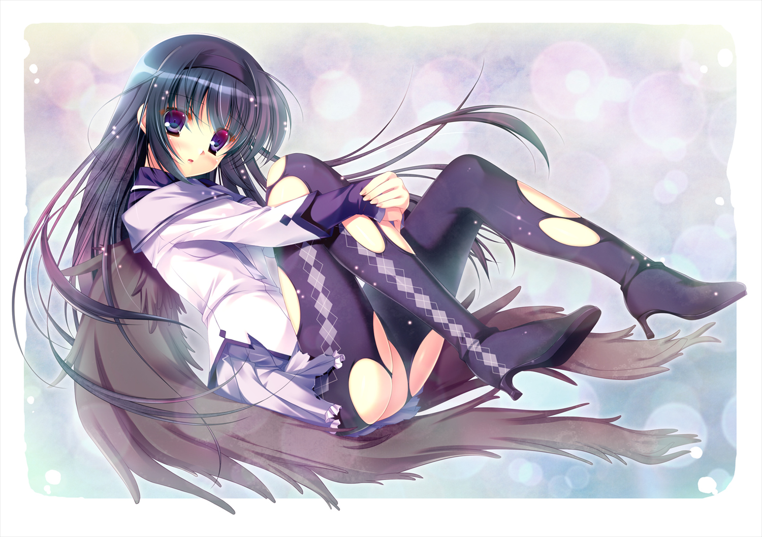 akemi_homura, futaori_arisa, long_hair, mahou_shoujo_madoka_magica, pantyhose, purple_eyes, torn_clothes, wings