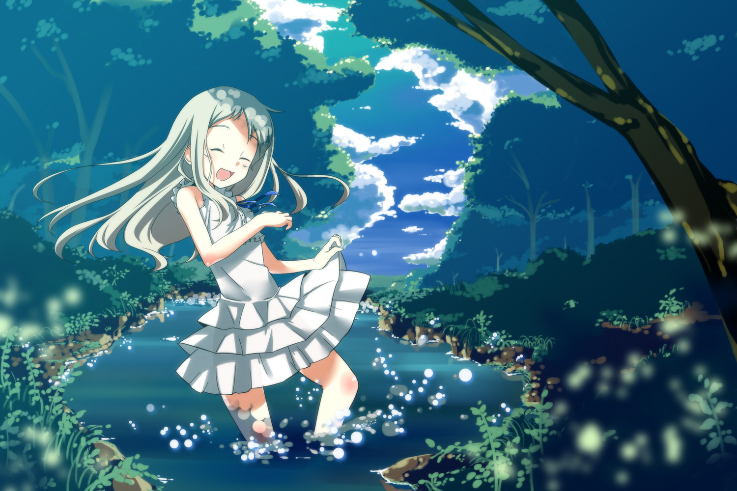 ano_hi_mita_hana_no_namae_wo_bokutachi_wa_mada_shiranai, clouds, dress, forest, honma_meiko, sky, tree, water, wet, yanagi_yuu