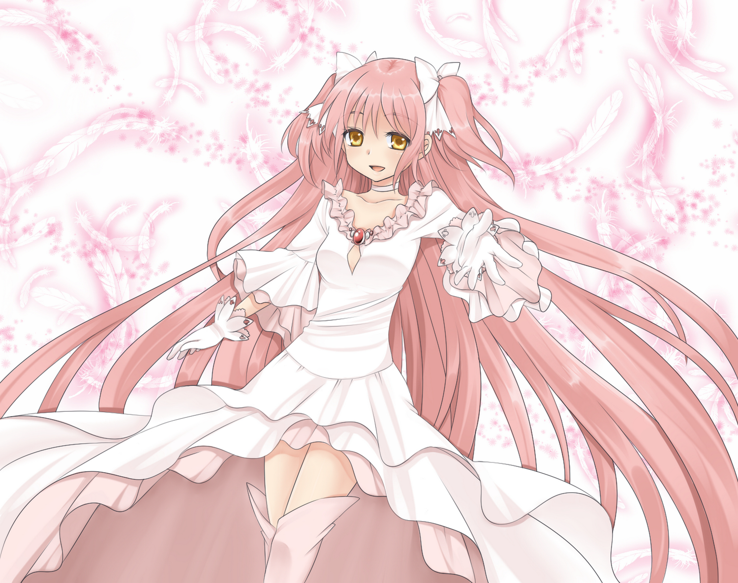 dress, feathers, kaname_madoka, lmo, mahou_shoujo_madoka_magica, pink_hair, thighhighs, twintails, ultimate_madoka, yellow_eyes