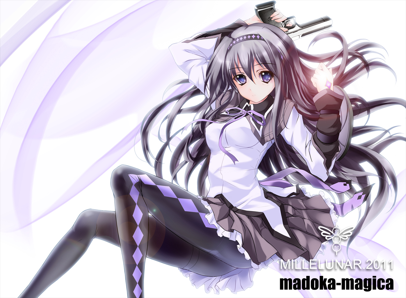akemi_homura, gun, mahou_shoujo_madoka_magica, millelunar, pantyhose, purple_eyes, weapon, white