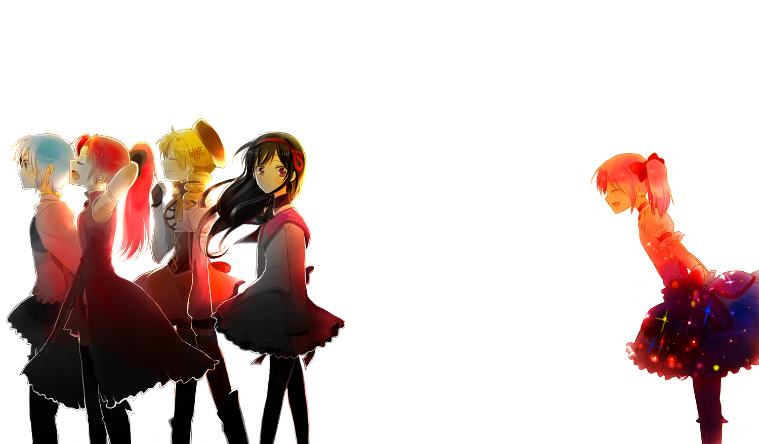 akemi_homura, aya_tori, bow, cape, dress, kaname_madoka, mahou_shoujo_madoka_magica, miki_sayaka, red_hair, sakura_kyouko, tomoe_mami, twintails, white