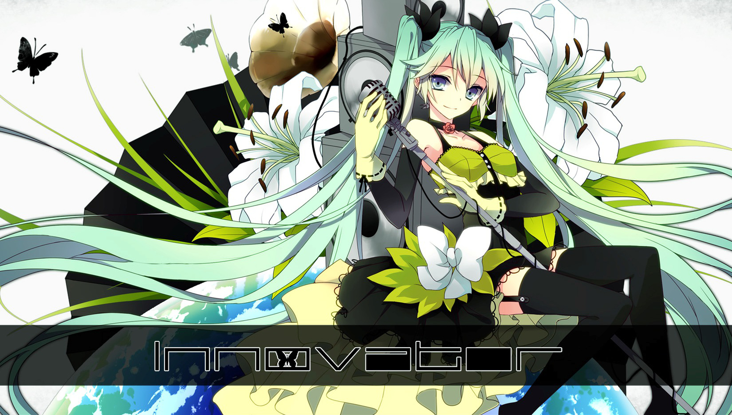 butterfly, dress, flowers, garter_belt, gloves, hatsune_miku, long_hair, microphone, ponjiritsu, stockings, thighhighs, twintails, vocaloid