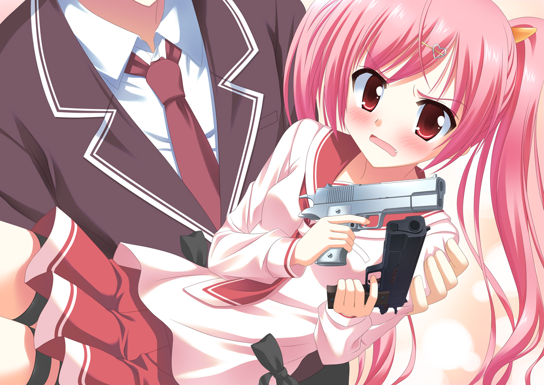 gun, hidan_no_aria, kanzaki_h_aria, long_hair, pink_hair, red_eyes, school_uniform, skirt, tooyama_kinji, twintails, weapon