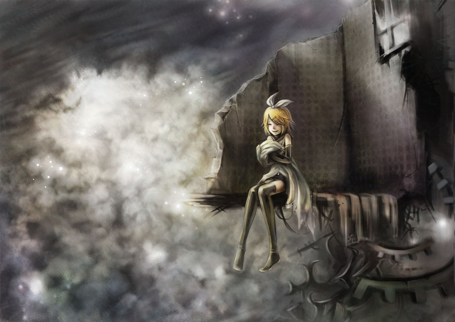 blonde_hair, bow, iroai_midodo, kagamine_rin, thighhighs, vocaloid