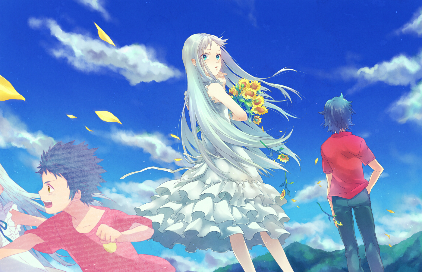 ano_hi_mita_hana_no_namae_wo_bokutachi_wa_mada_shiranai, aqua_eyes, clouds, dress, flowers, honma_meiko, nanatsu_maka, petals, sky, sunflower, yadomi_jinta