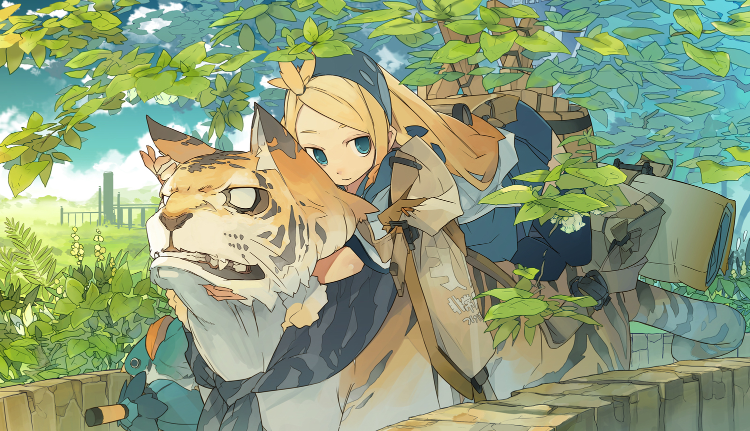 akitsu_taira, animal, blonde_hair, blue_eyes, izumi_luna_(akitsu_taira), original, thighhighs, tiger