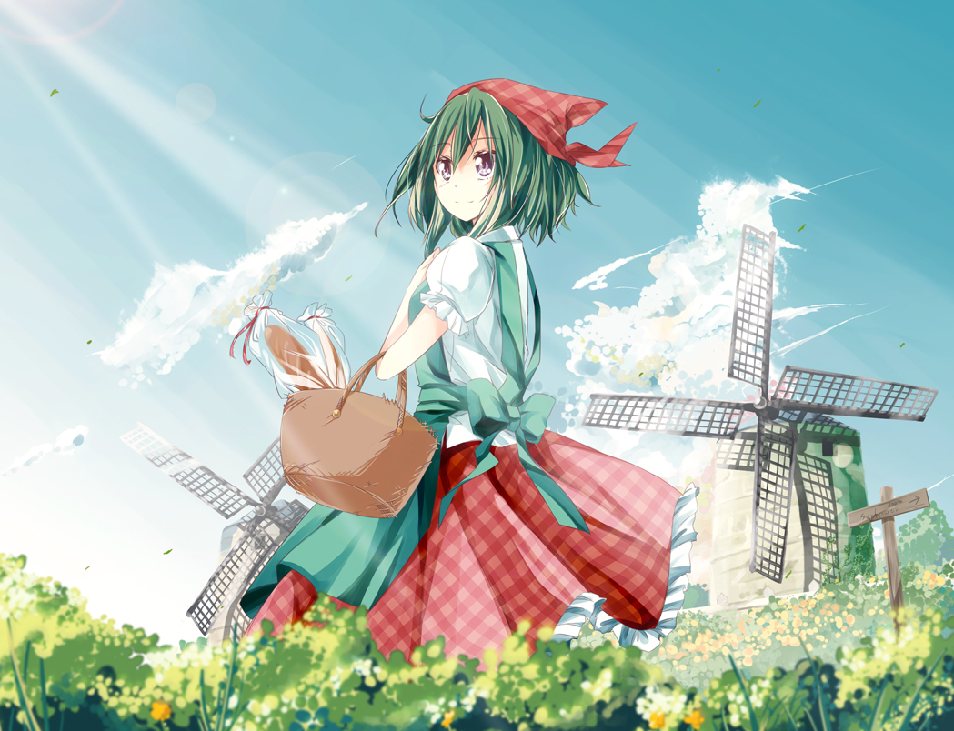clouds, green_hair, kazami_yuuka, purple_eyes, sky, touhou, yoshinaga_p