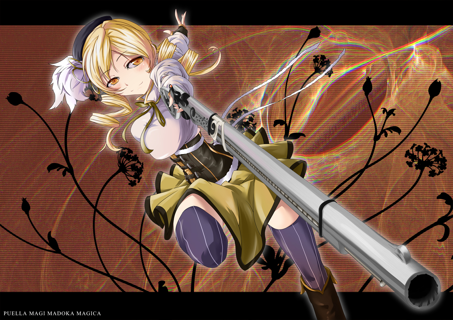 blonde_hair, dress, gun, mahou_shoujo_madoka_magica, s040784, thighhighs, tomoe_mami, weapon