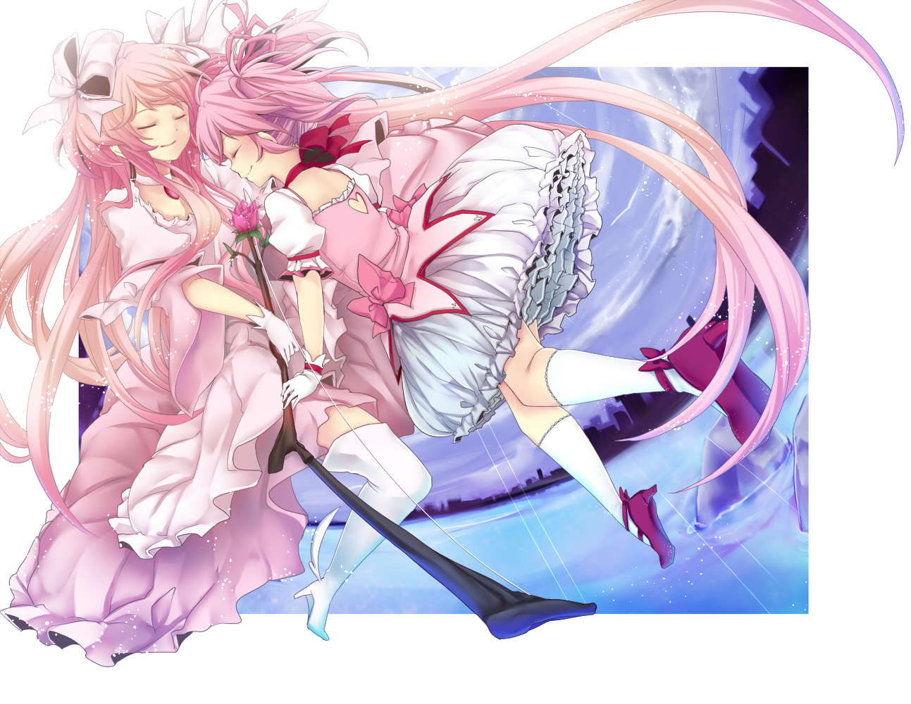 2girls, bow, bow_(weapon), dress, kaname_madoka, long_hair, mahou_shoujo_madoka_magica, pink_hair