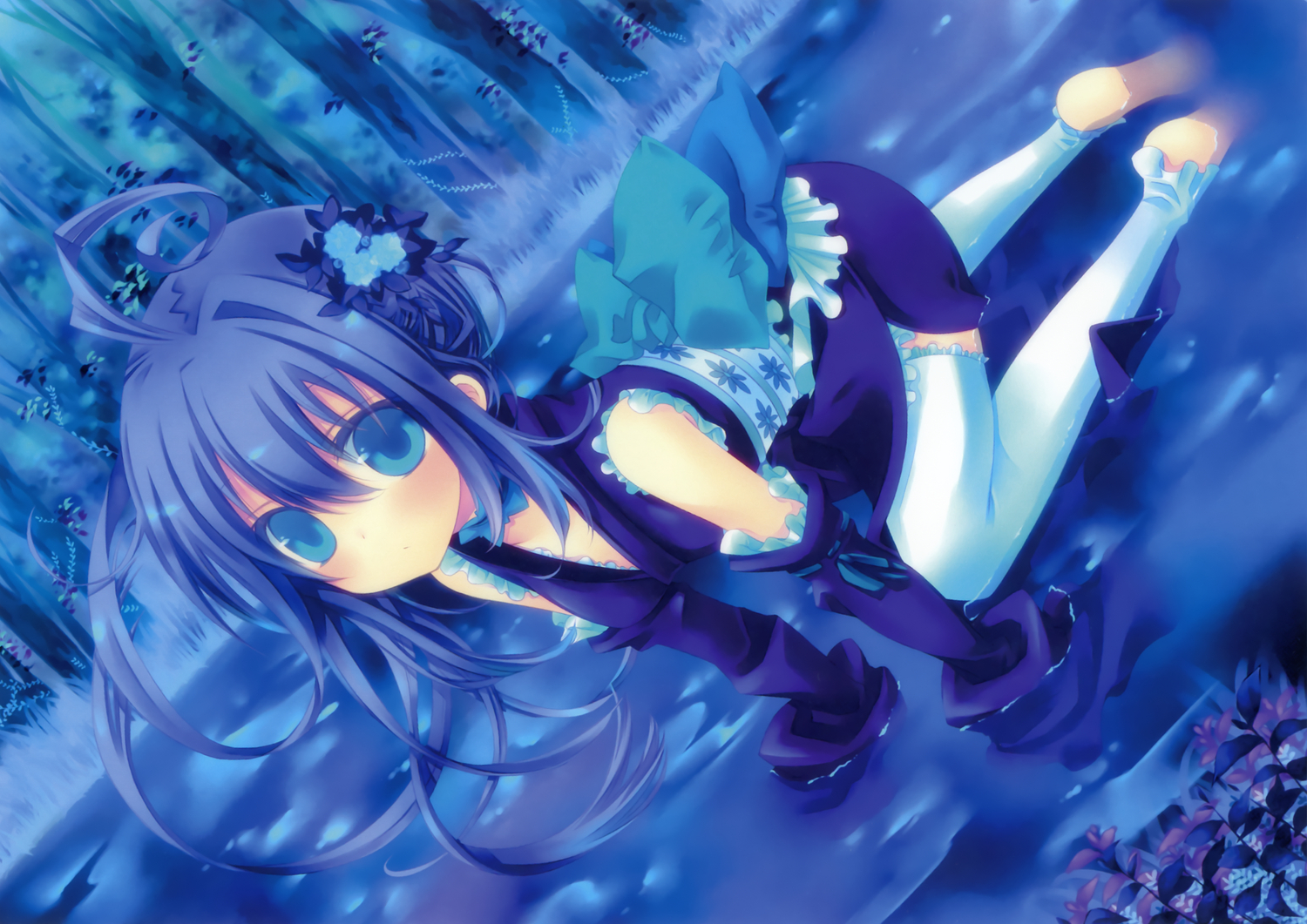 blue, blue_eyes, blue_hair, japanese_clothes, konno_kengo, thighhighs, water
