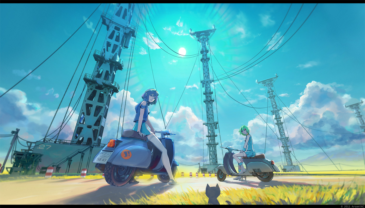 2girls, animal, arsenixc, boots, building, cat, clouds, crossover